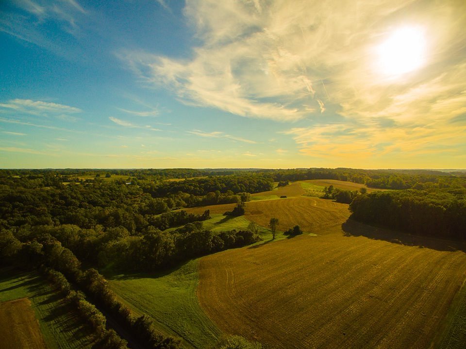 A bird's-eye view of the rolling meadows and woodlands of ChesLen Preserve near Coatesville, PA